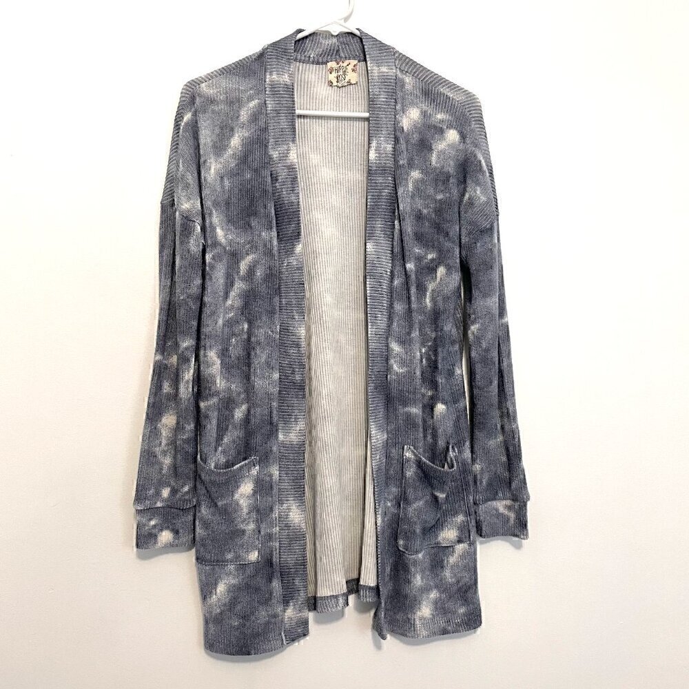 HIPPIE ROSE Blue Tie Dye Ribbed Knit Open Long Sleeve Boho Long Cardigan Sweater